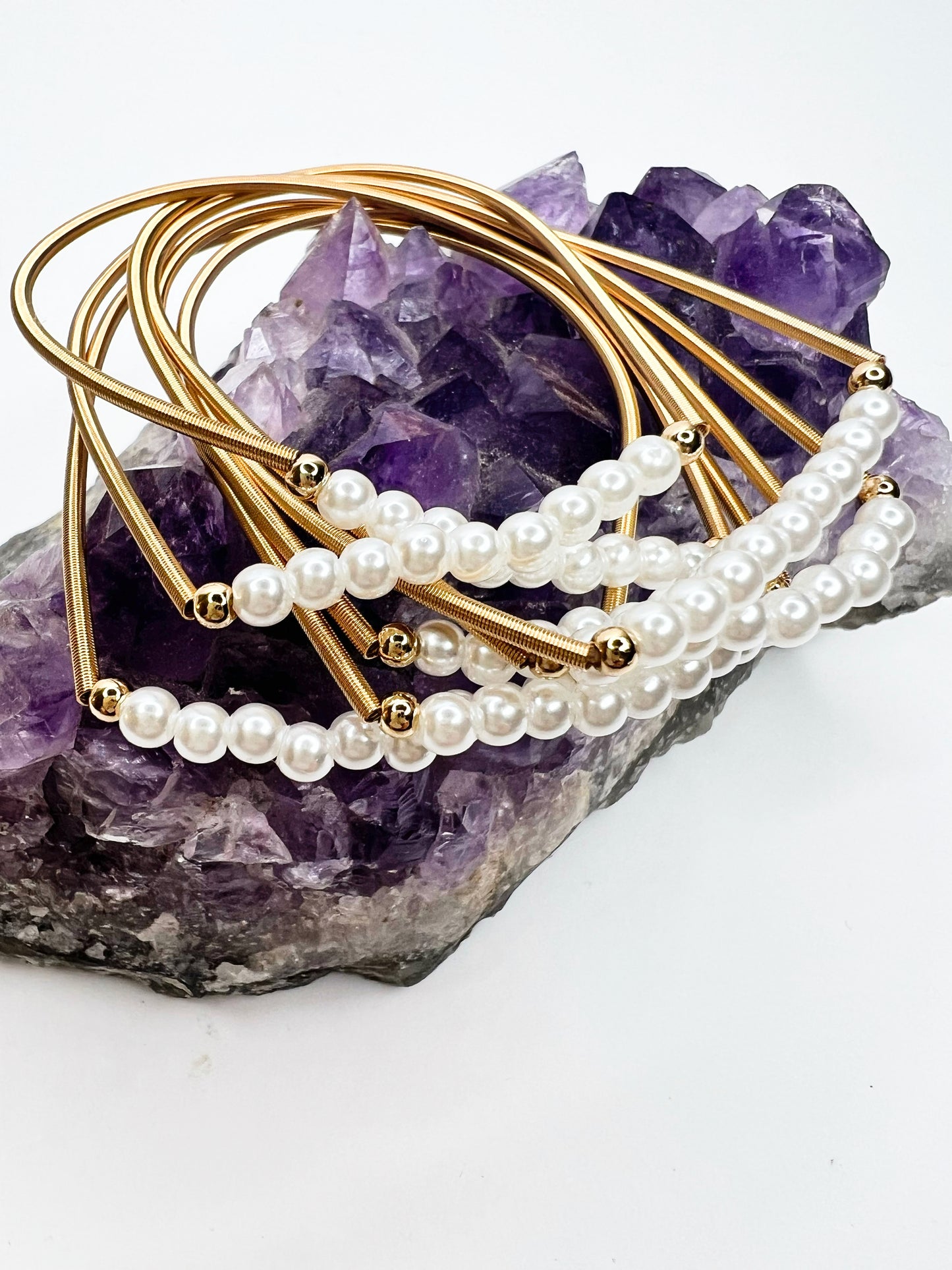 Spring Wire Pearl Bracelet Stack