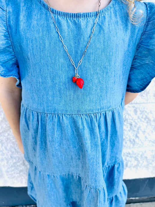 Double Strawberry Charm Necklace on a silver or gold plated Paperclip chain.  SO adorable and appropriate for kids or adults!!