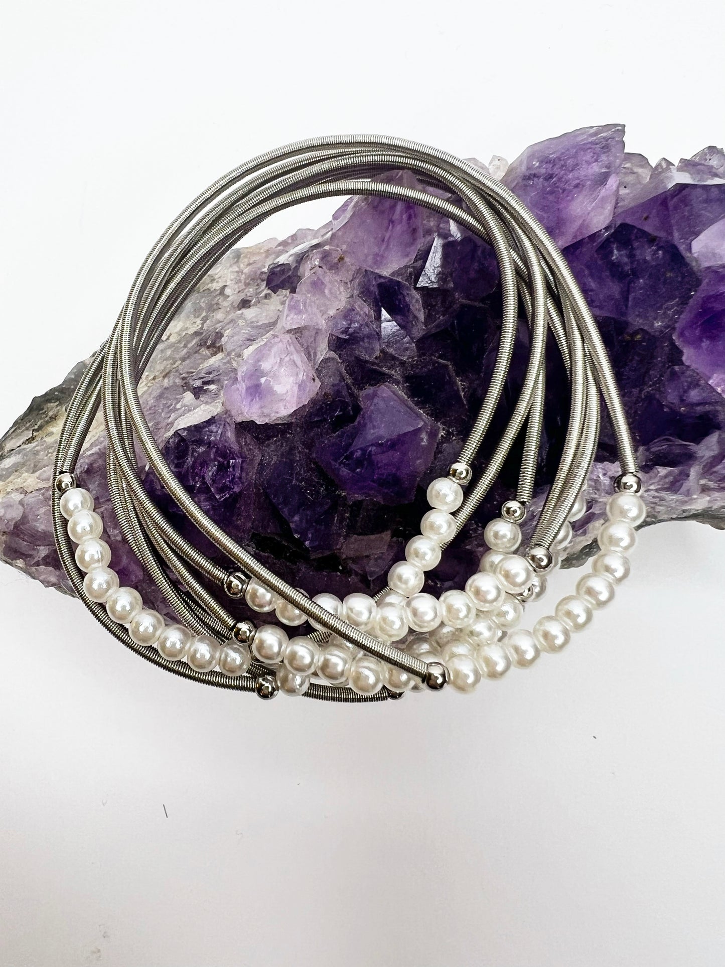 Spring Wire Pearl Bracelet Stack