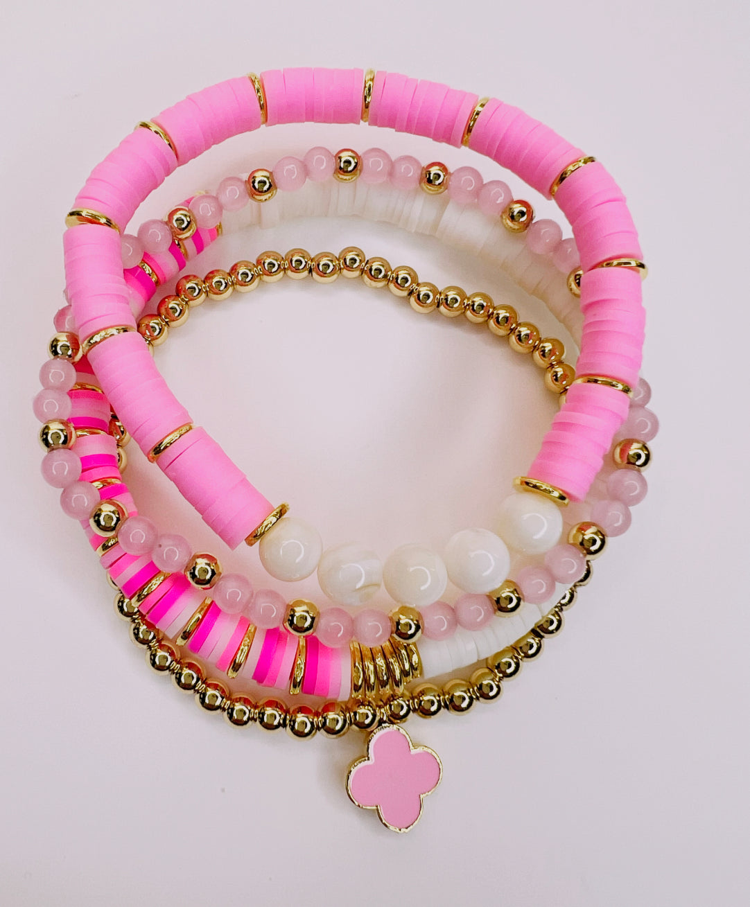 Pink & White Charm Heishi Stack Bracelets