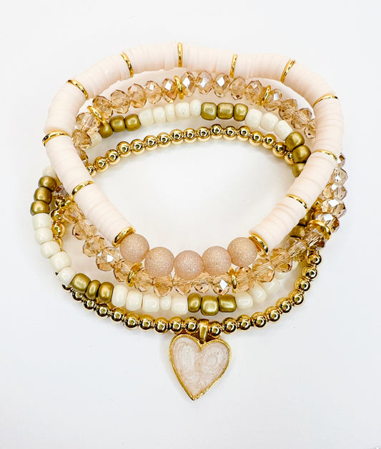 Blush & Cream Heart Heishi Stack